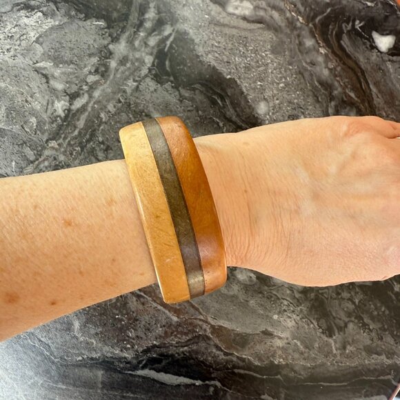 Handcrafted Wooden Bangle Bracelet With Natural Finish and Dark Accent Band Boho - Picture 3 of 8